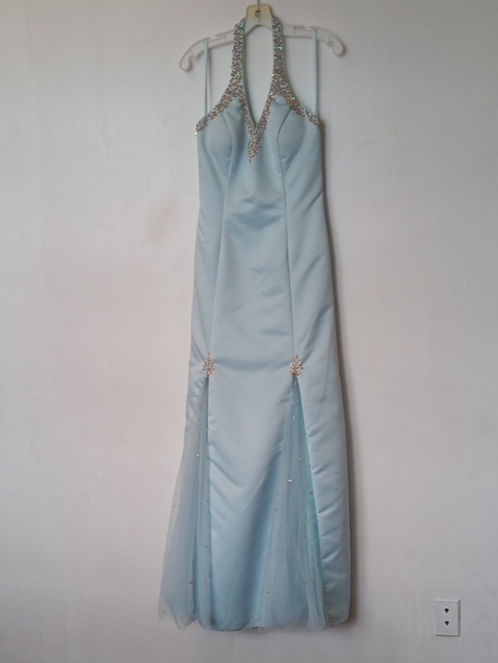 Vintage Light Blue Halter Prom Dress with Crystal Accents